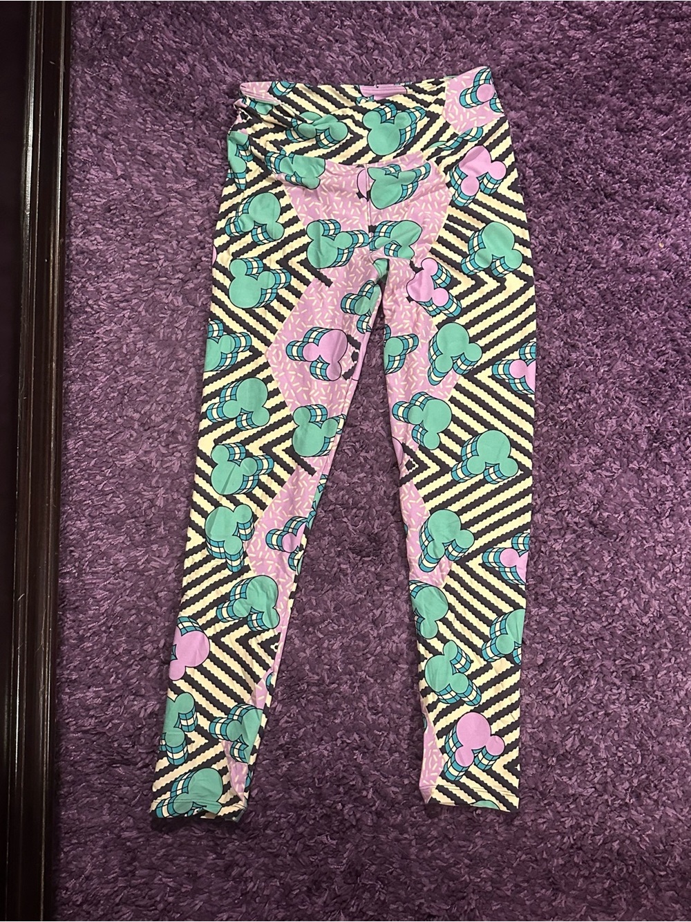 LuLaRoe Women’s Leggings in Pink, Teal & Black Mickey Mouse Head Geometric Print